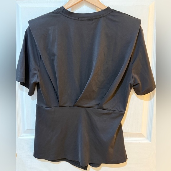 Black Short Sleeve Crew Neck Gathered Blouse - Picture 3 of 4